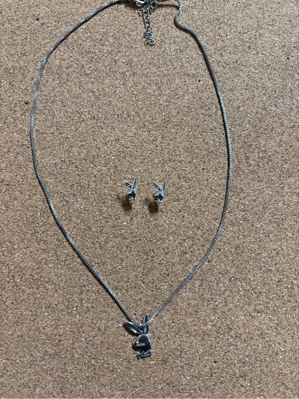 PacSun Playboy X Silver Bunny Pendant Necklace with Matching Earrings